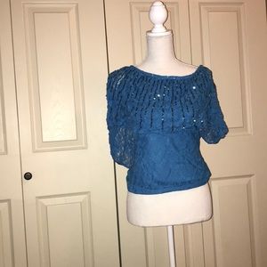 Blue lace with sequins shirt